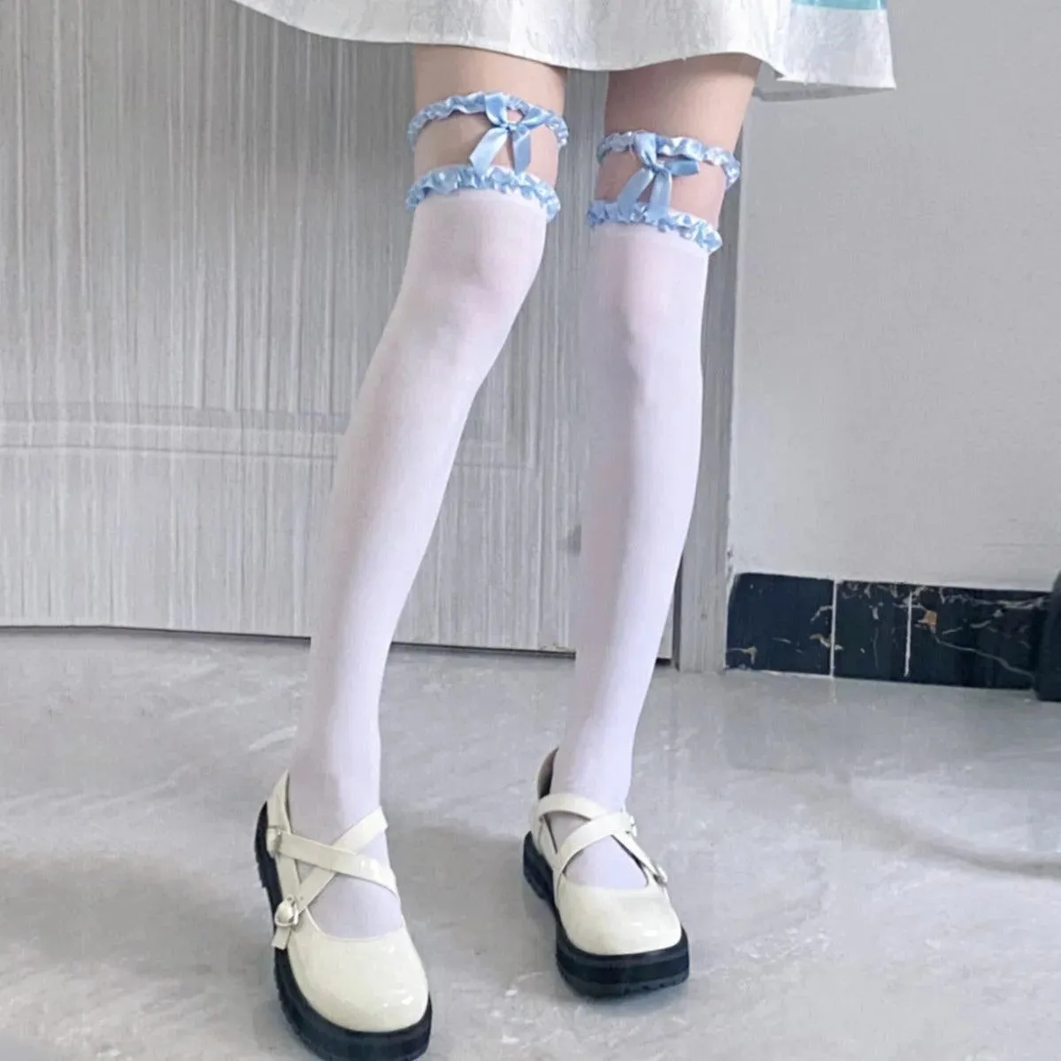 white lace thigh high socks with Bows and Lace - Cream, Blue, Pink