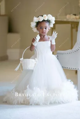 White Thin Straps Lace Feather Flower Girl Ballgown