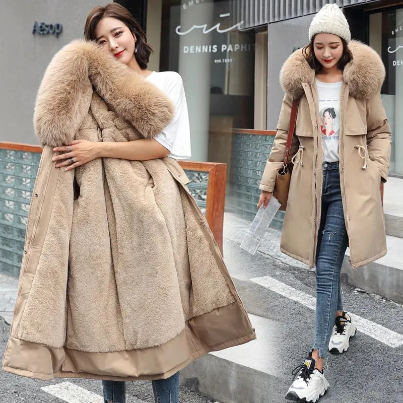 Winter Jacket Women Parka Clothes Long Coat Wool Liner Hooded Jacket Fur Collar Thick Warm Snow Wear Padded Parka 6XL