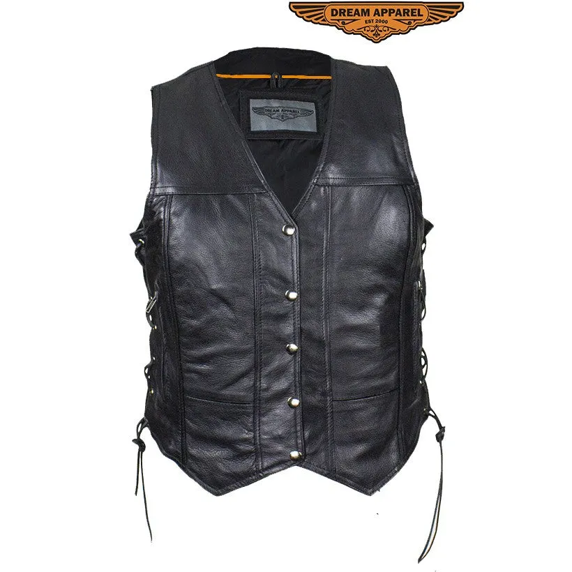 Women's Leather Motorcycle Vest With Concealed Carry Pockets & Side Laces