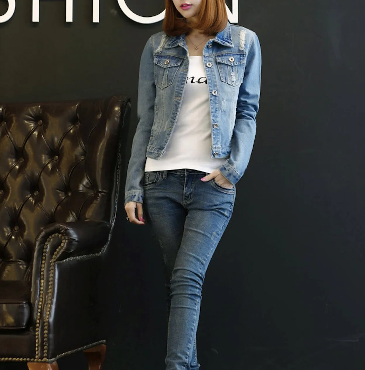 Womens Ripped Short Denim Jacket